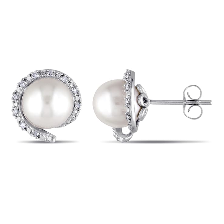 8-8.5MM Freshwater Cultured Pearl and 1/10 CT TW Daimond Halo Stud
Earrings in 10K White Gold