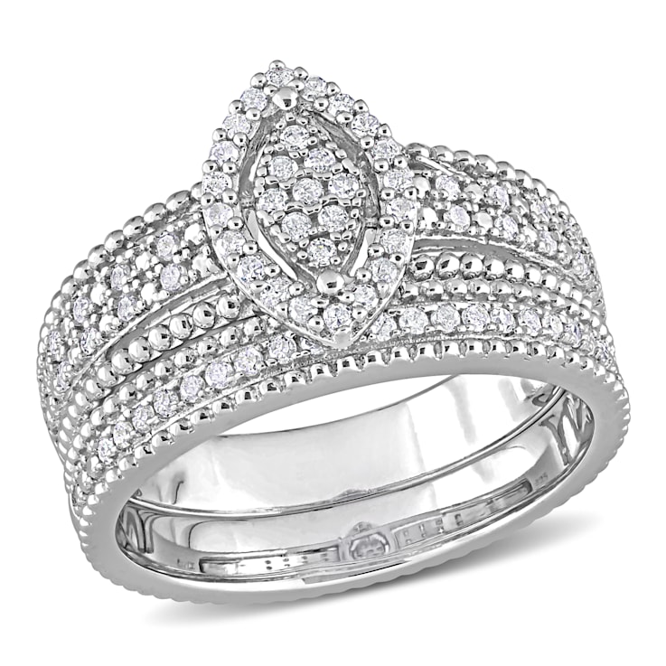 1/3 CT TW Diamond Marquise Shape Cluster Bridal Set in Sterling Silver