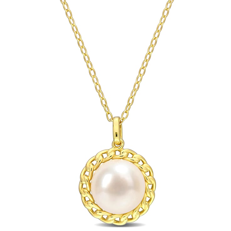 9-9.5MM Freshwater Cultured Pearl Halo Link Pendant with Chain in Yellow
Sterling Silver