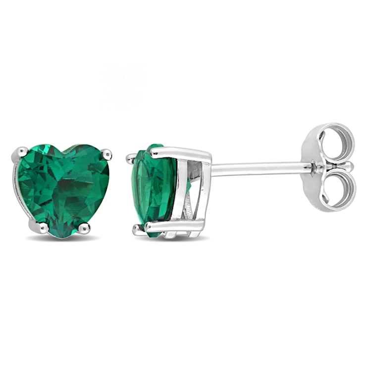 1 1/2 CT TGW Heart Shape Created Emerald Stud Earrings in Sterling Silver