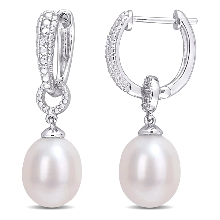 8-8.5 MM Freshwater Cultured Pearl and Diamond Accent Drop Hoop Earrings
in Sterling Silver