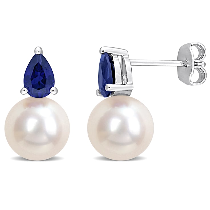 8.5-9MM Cultured Pearl and 1 1/3 CT TGW Created Blue Sapphire Stud
Earrings in Sterling Silver