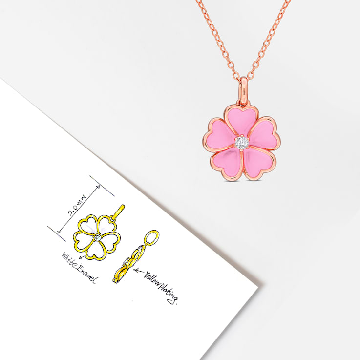 1/10 CT TGW White Topaz with Pink Enamel Flower Pendant with Chain in
Rose Plated Sterling Silver