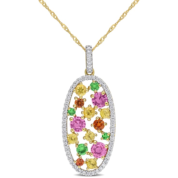 2 1/10 CT TGW Multi-Color Gemstone and 3/8 CT TW Diamond Pendant with
Chain in 14K Yellow Gold