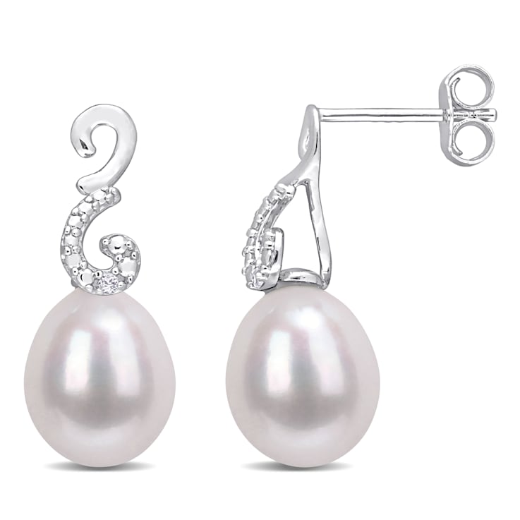8-8.5 MM Freshwater Cultured Pearl and Diamond Accent Peacock Drop
Earrings in Sterling Silver