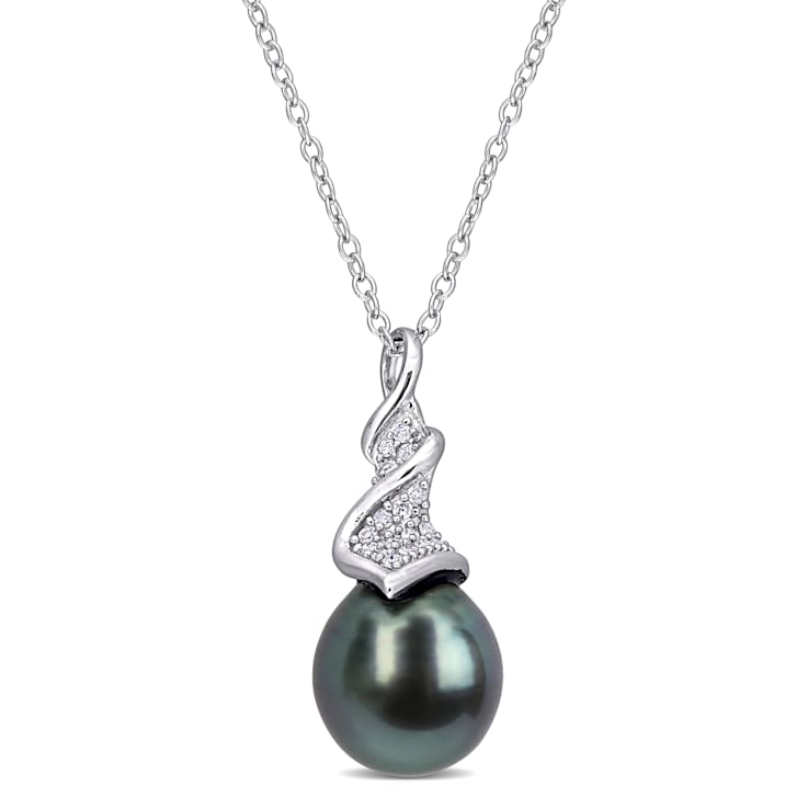 9-9.5MM Black Tahitian Cultured Pearl and  1/10 CT TW Diamond Pendant
with Chain in Sterling Silver