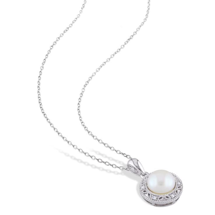 7.5-8MM Freshwater Cultured Pearl and 1/10 CT TW Diamond Earrings and
Pendant Set in Sterling Silver