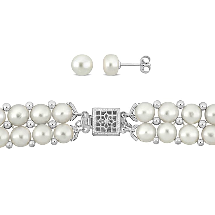 6-8MM Freshwater Cultured Pearl & Bead Double Row Strand, Bracelet
& Earrings Set in Sterling Silver