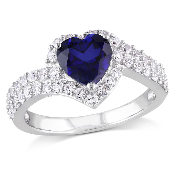 2 3/4 CT TGW Created Blue and Created White Sapphire Heart Halo Double
Row Ring in Sterling Silver