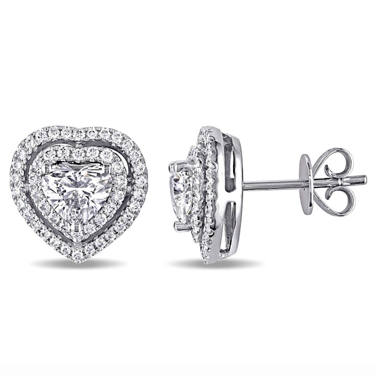 1 1/2 CT TDW Heart Shape Diamond Halo Stud Earrings in 14k White Gold