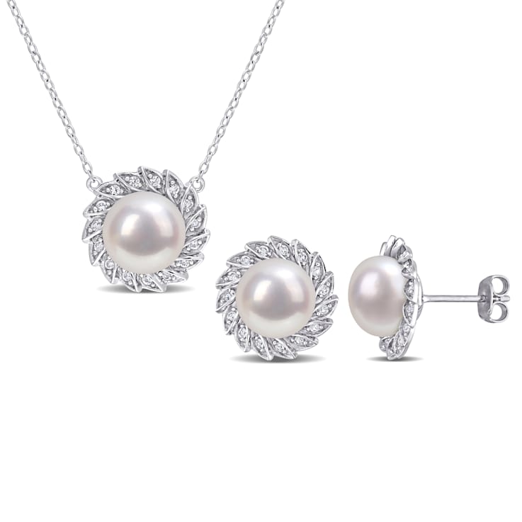9.5-10MM Freshwater Cultured Pearl and Created Sapphire Earrings &
Pendant Set in Sterling Silver
