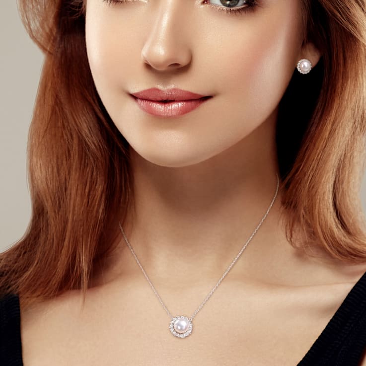 9.5-10MM Freshwater Cultured Pearl and Created Sapphire Earrings &
Pendant Set in Sterling Silver