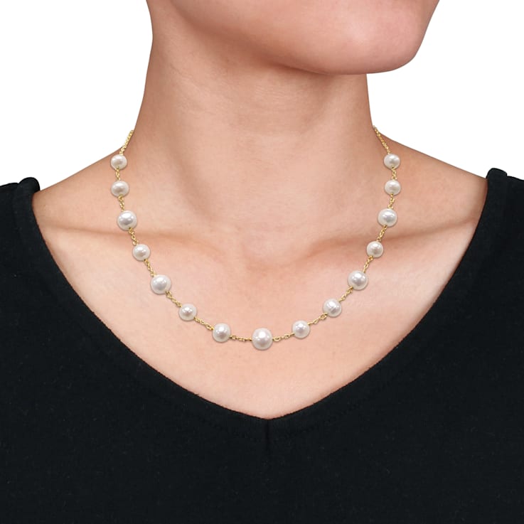 6.5 8.5 MM Freshwater Cultured Pearl Tin Cup Necklace in 18K Yellow Gold Over Sterling Silver 16F97A
