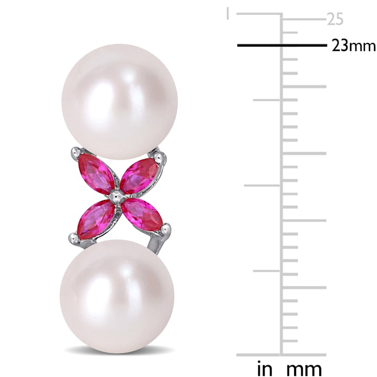 8.5-9MM Cultured Freshwater Pearl and Created Ruby Cross Earrings in
Sterling Silver