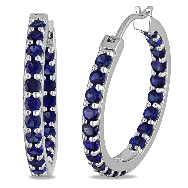 Created Blue Sapphire Inside Outside Hoop Earrings in Sterling Silver