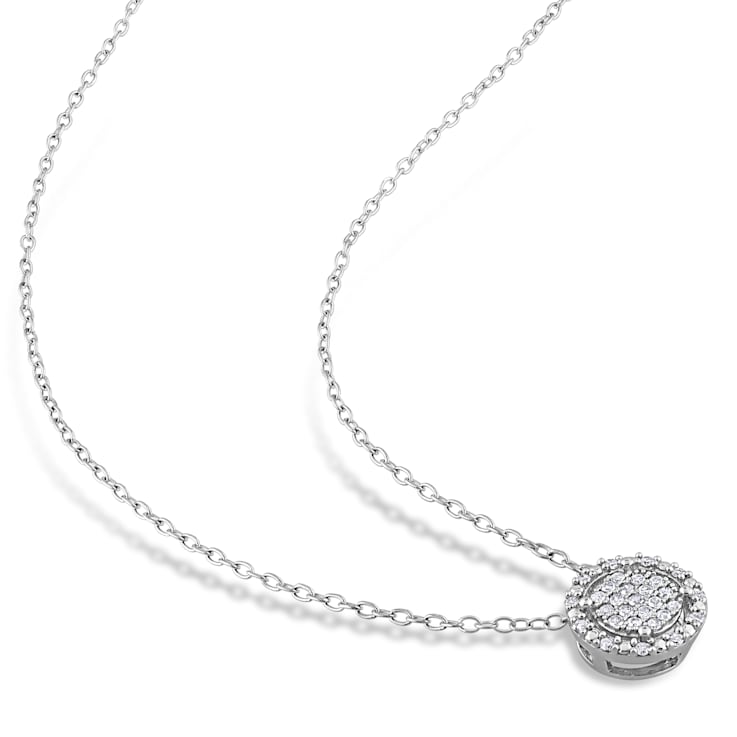 1/6 CT TW Diamond Cluster Halo Pendant with Chain in Sterling Silver