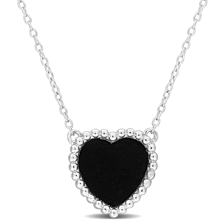 5 CT TGW Black Agate Necklace with Beaded Halo in Sterling Silver