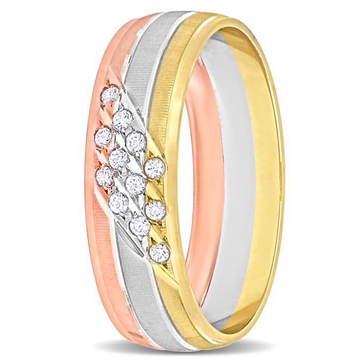 Men's 6mm Cubic Zirconia Matte Three Row Wedding Band in 14K 3-Tone Gold