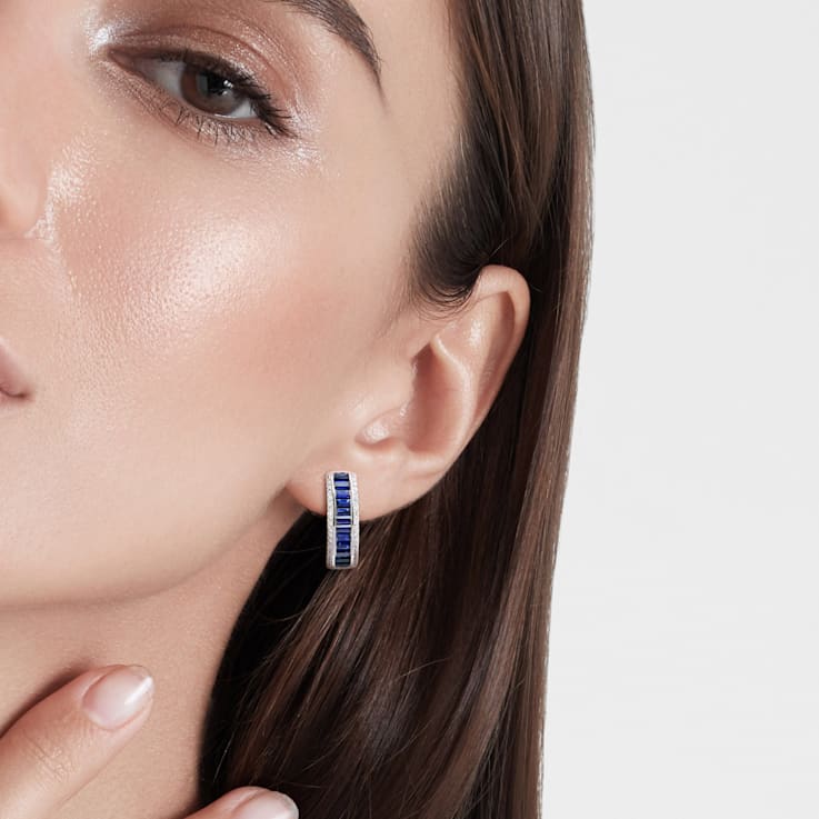5 1/8 CT TGW Baguette Created Blue Sapphire Created White Sapphire Hoop
Earrings in Sterling Silver