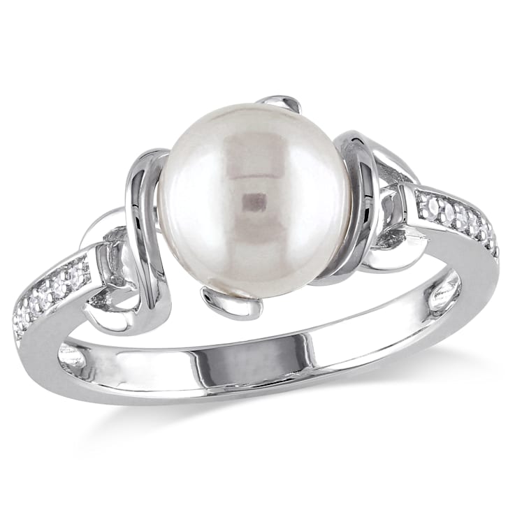 Freshwater Cultured 8-8.5mm Pearl & Diamond 14kt White Gold Ring