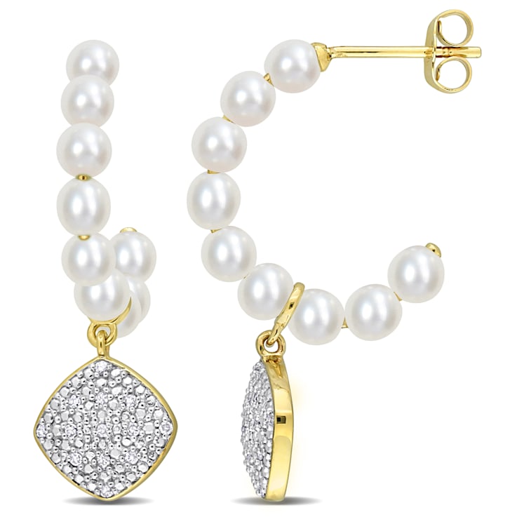 3.5-4MM Freshwater Cultured Pearl and 1/10 CT TW Diamond Drop Earrings
in 10K Yellow Gold