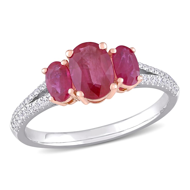 1 1/2 CT TGW Ruby and 1/6 CT TW Diamond 3-stone Ring in 2-tone 14K White
& Rose Gold