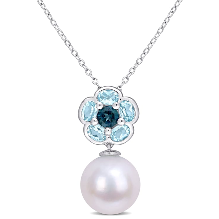 11-12MM Freshwater Cultured Pearl and 1 3/5 CT TGW Blue Topaz Pendant in
Sterling Silver