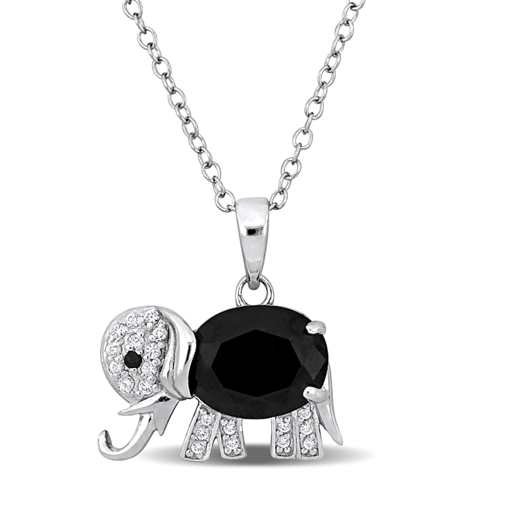 3 5/8 CT TGW Black Spinel and White Topaz Elephant Pendant Necklace in
Sterling Silver