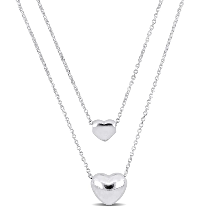 Two Heart Double Strand Charm Necklace in Sterling Silver