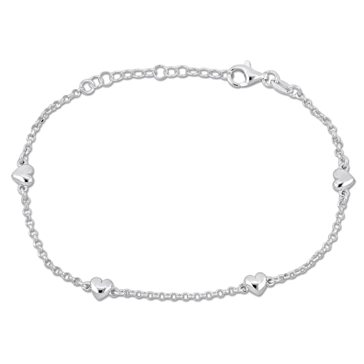 Heart Charm Station Bracelet in Sterling Silver