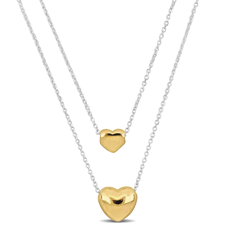 Two Heart Double Strand Necklace in 2-Tone Sterling Silver