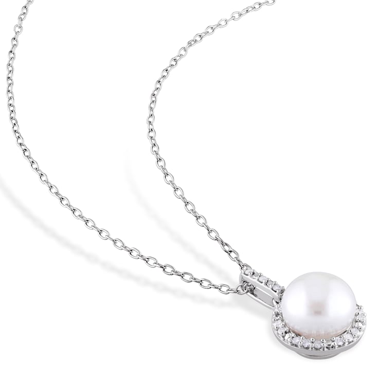 8-8.5MM Freshwater  Cultured Pearl and 1/3 CT TW Diamond Earrings and
Pendant in Sterling Silver