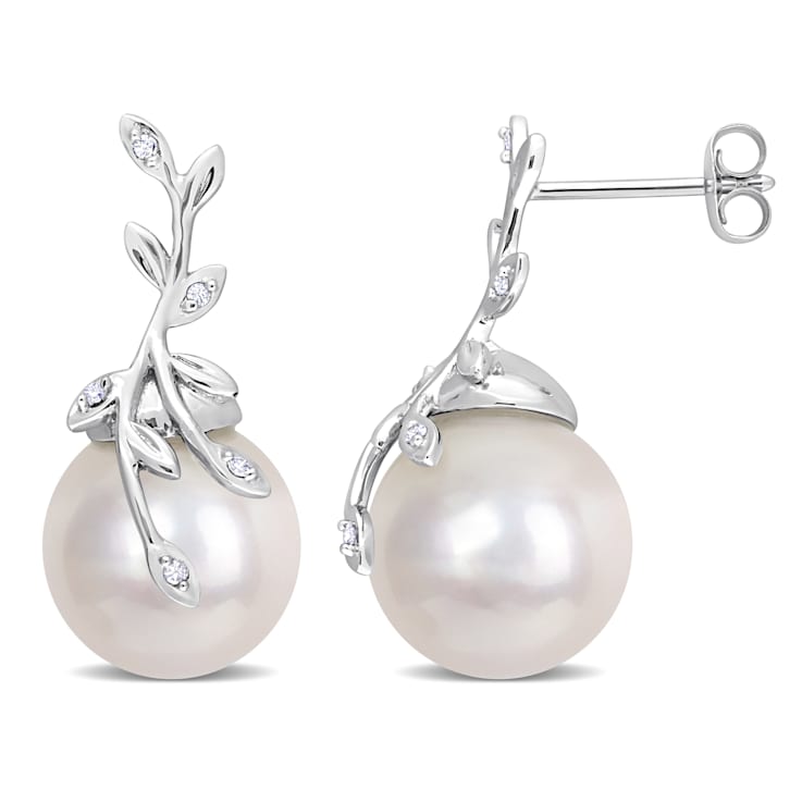 11-12MM Freshwater Cultured Pearl and Diamond Accent Leaf Earrings in
14K White Gold