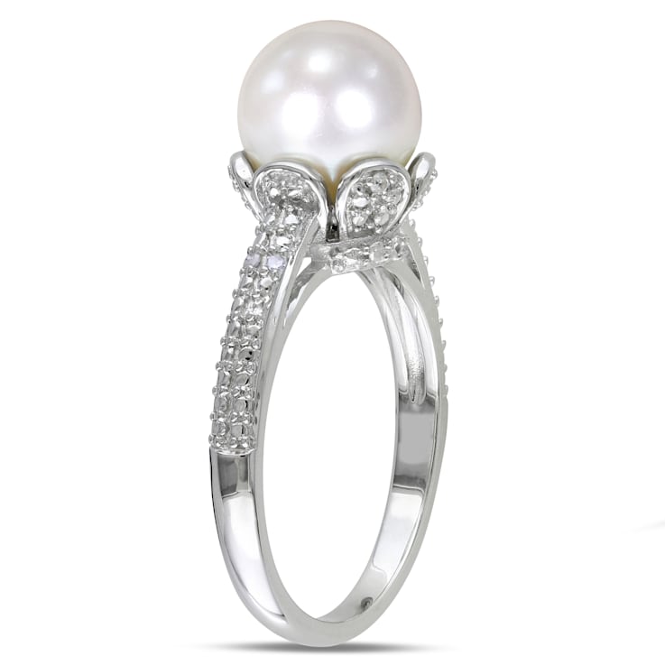 8-8.5MM Freshwater Cultured Pearl Ring with Diamonds in Sterling Silver