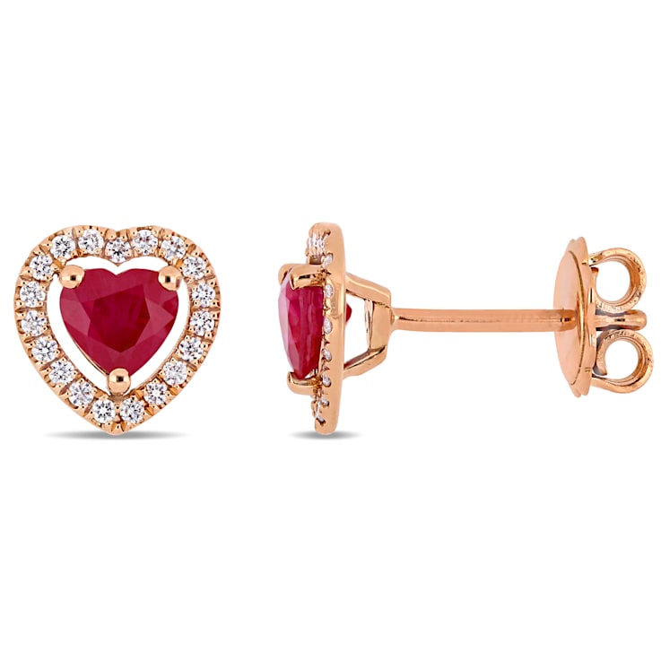 1 CT TGW Ruby and 1/5 CT TW Diamond Heart Stud Earrings in 14K Rose Gold