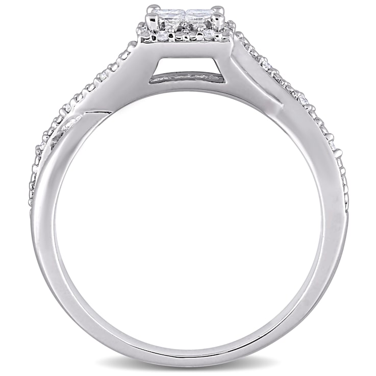 1/4 CT TW Princess Cut and Round Diamond Halo Crisscross Engagement Ring
in Sterling Silver