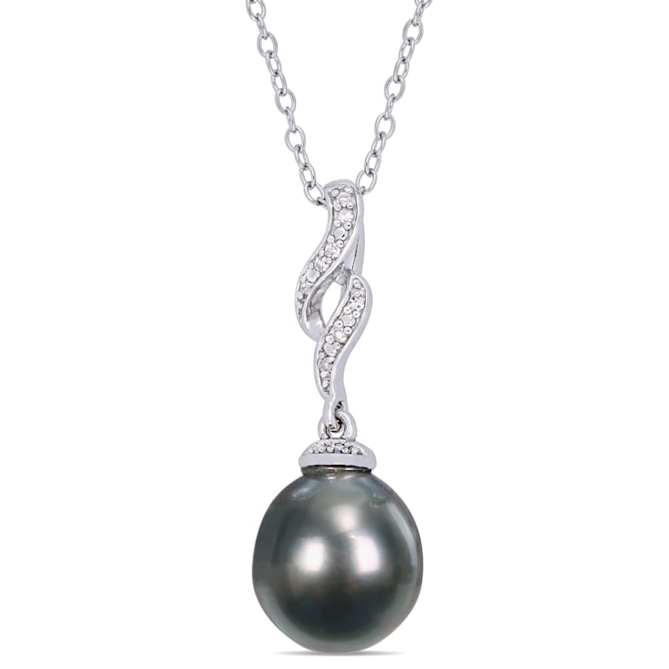 9.5-10MM Black Tahitian Cultured Pearl and Diamond Twist Pendant with
Chain in Sterling Silver