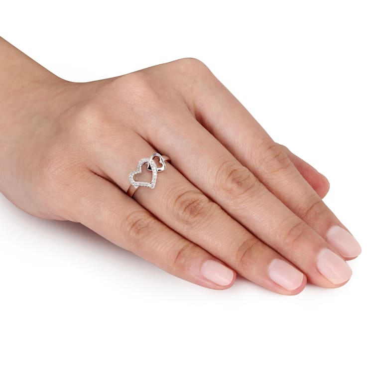 1/10 CT TW Diamond Double Heart Interlocked Ring in Sterling Silver