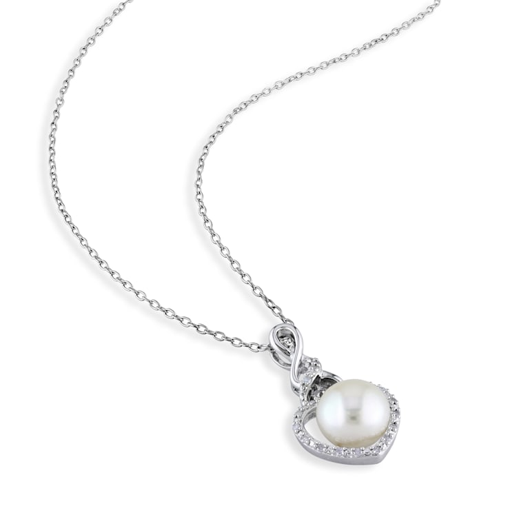 8-8.5MM Freshwater Cultured Pearl and Diamond Heart Pendant with Chain
in Sterling Silver
