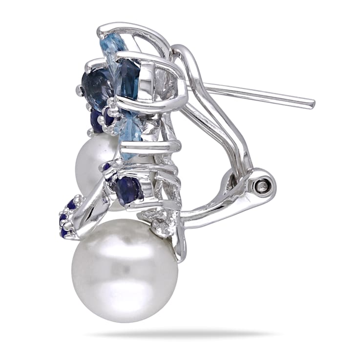 6-8.5MM Freshwater Cultured Pearl and 3 CT TGW Topaz and Sapphire
Earrings in Sterling Silver