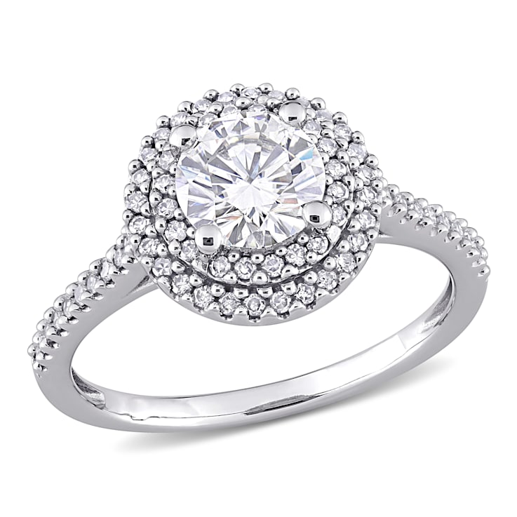 1 CT DEW Created Moissanite and 1/3 CT TW Diamond Double Halo Engagement
Ring in 14K White Gold