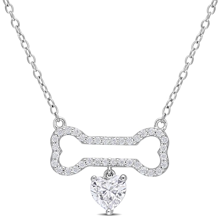 3/4 CT DEW Created Moissanite Dog Bone with Hanging Heart Necklace in
Sterling Silver