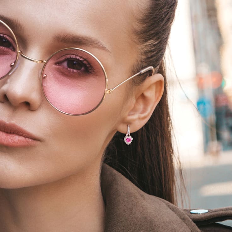 2 1/3 CT TGW Created Pink and White Sapphire Halo Earrings in Stering Silver