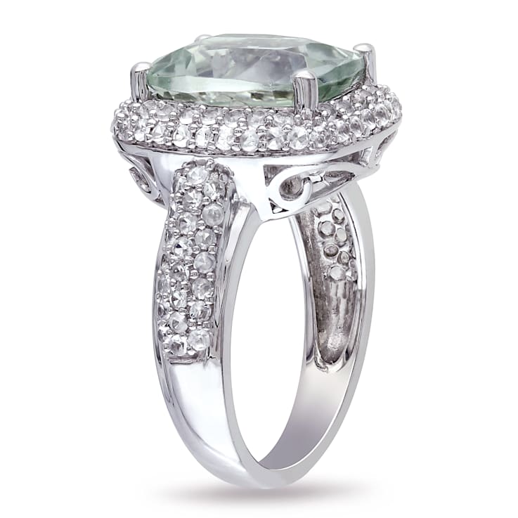 6 CTW Green Quartz and Created White Sapphire Double Halo Ring in
Sterling Silver
