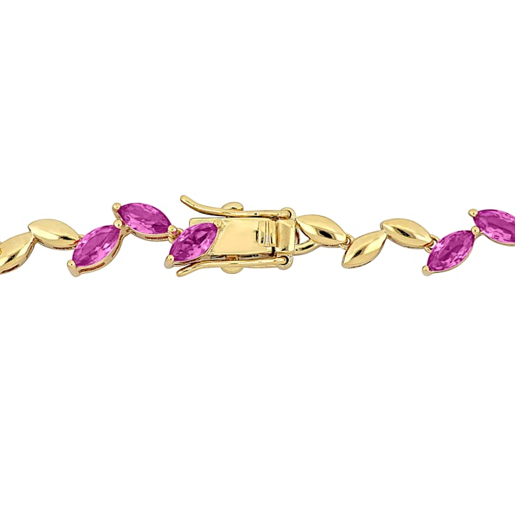 20 CT TGW Created Pink Sapphire Alternate Leaf Necklace in Yellow Plated
Sterling Silver