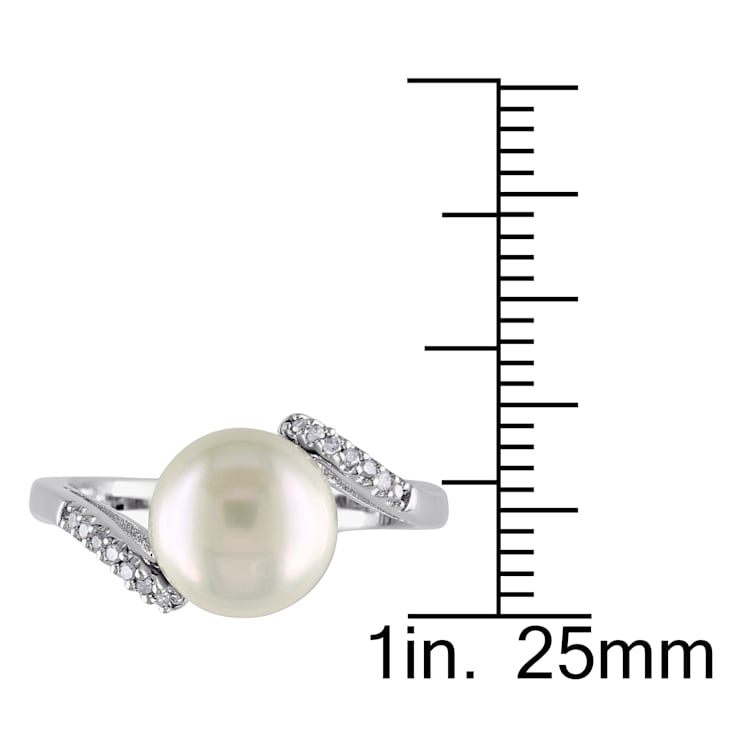 9-9.5MM Freshwater Cultured Pearl Bypass Ring with Diamonds in Sterling Silver