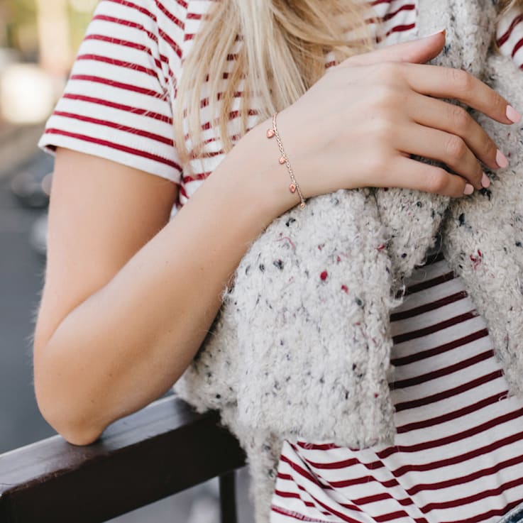 Heart Charm Station Bracelet in 2-Tone White and Rose Plated Sterling Silver
