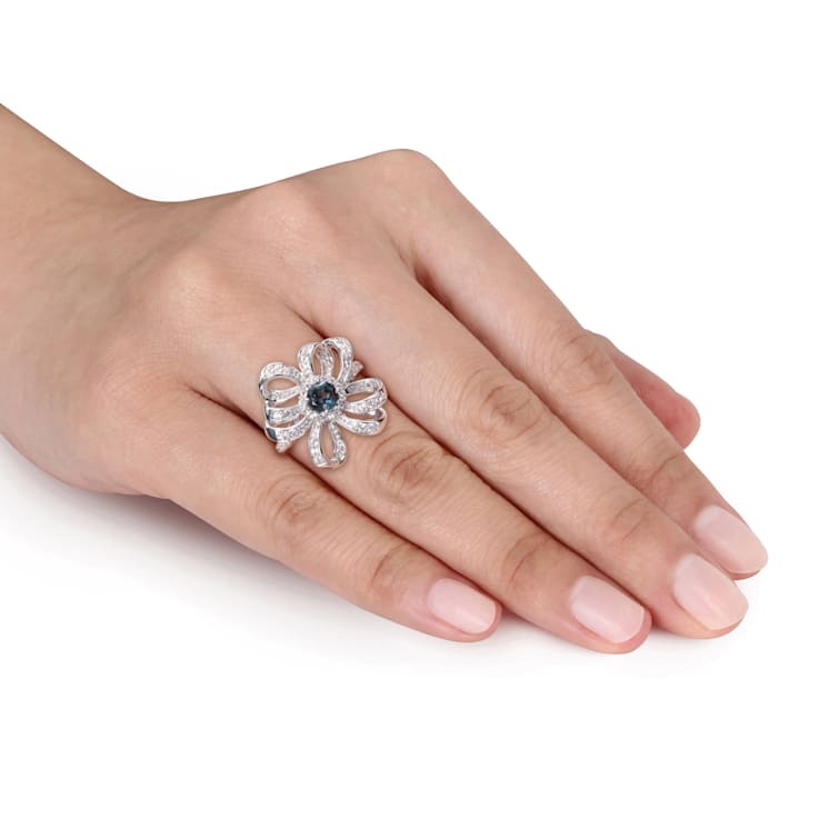 1 CT TGW London Blue and White Topaz Flower Cocktail Ring in Sterling Silver