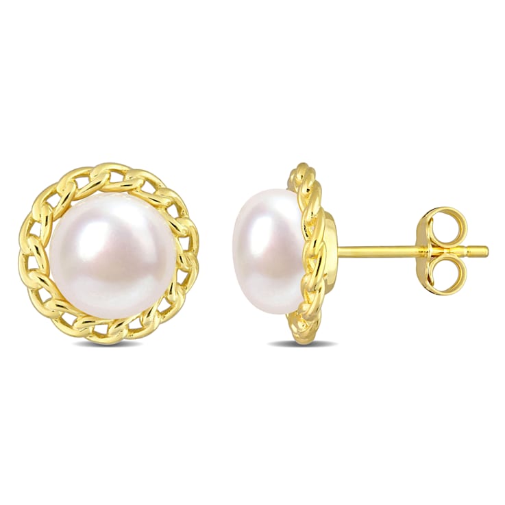 8-8.5 MM Cultured Freshwater Pearl Halo Link Stud Earrings in Yellow
Plated Sterling Silver