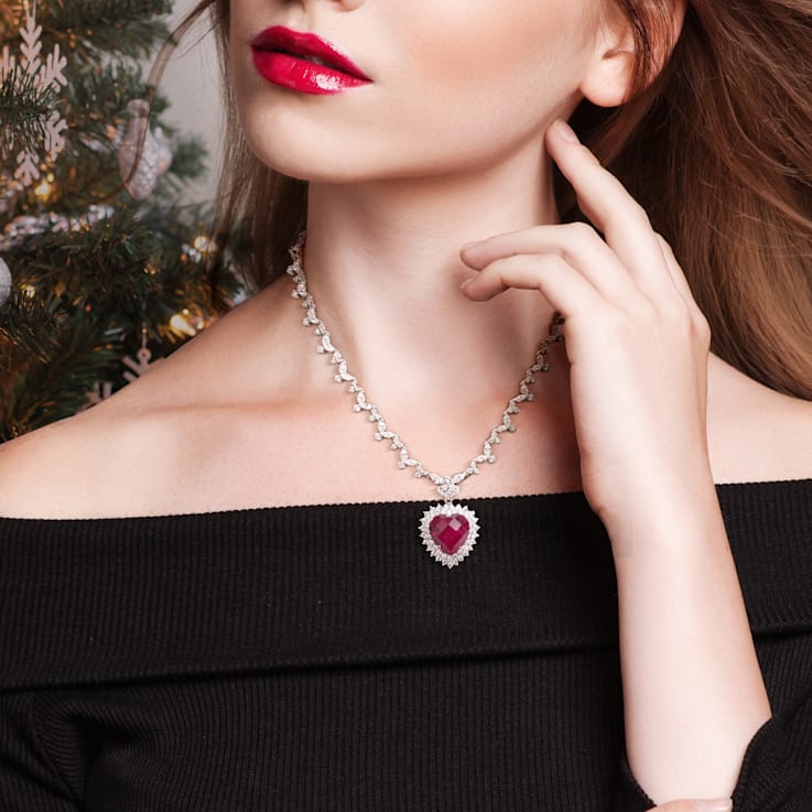 47 CT TGW Red & White Cubic Zirconia Heart Necklace in Sterling Silver
